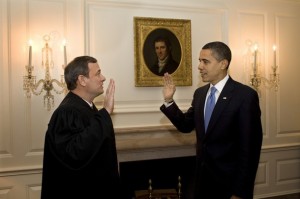 This official White House photograph shows US President Barack Obama (R) retaking the oath of office from Chief Justice John Roberts (L) January 21, 2009 in the Map Room of the White House in Washington, DC. In the highly unusual move, President Obama retook the oath of office after Chief Justice Roberts led him into a stumble when he was originally sworn in to become the 44th US president one day earlier.