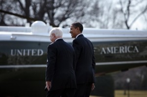 President Barack Obama (R) walks with Secretary of Defense Robert Gates (L) from the Oval Office to Marine One on the South Lawn of the White House February 27, 2009 in Washington, DC. President Obama is traveling to Camp Lejeune in North Carolina to announce his plans for eventual removal of troops from Iraq. (Getty Images)