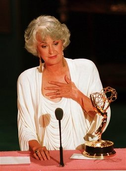 This Aug. 29, 1988 file photo shows actress Beatrice Arthur accepting her Emmy award at the 40th annual Emmy Awards ceremony in Pasadena, Ca. Family spokesman Dan Watt says the 86-year-old Arthur died at home early Saturday, April 25, 2009. He says Arthur had cancer, but declined to give further details. (AP Photo/Reed Saxon, File)