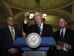 Mitch McConnell and his deputies in the Senate Republican leadership are responding very cautiously to Olympia Snowe's decision to become the first GOP vote for a Democratic health care reform bill.  Photo: AP 