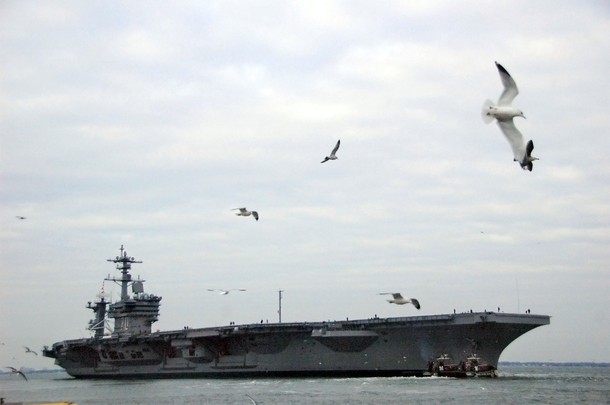 In this handout image provided by the U.S. Navy, the Nimitz-class aircraft carrier USS Carl Vinson (CVN 70) departs Naval Station Norfolk January 12, 2010 of the coast of Norfolk, Virginia. Carl Vinson is underway following a four-year refueling and complex overhaul to take part in Southern Seas 2010. After completing Southern Seas, Carl Vinson will change homeport from Norfolk, Va. to San Diego, Calif. (Photo by Petty Officer 2nd Class Rafael Martie/U.S. Navy via Getty Images)