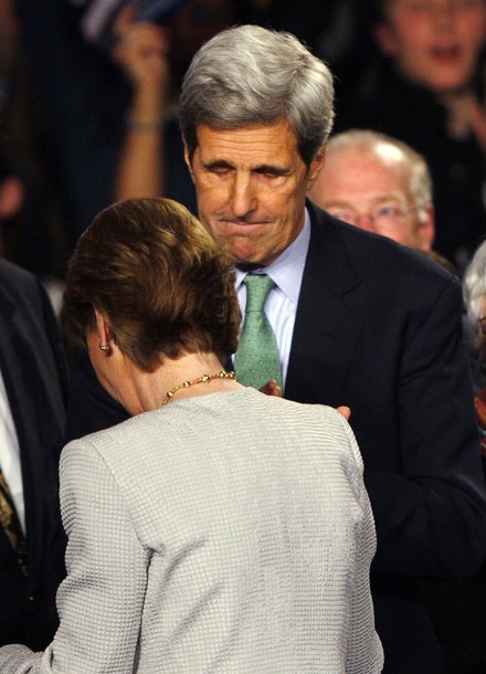 U.S. Senator John Kerry (D-MA) (top) greets Democratic candidate for the U.S. Senate Martha Coakley after she conceded defeat to Republican Senator-elect Scott Brown in the special election to fill the Senate seat of the late Edward Kennedy in Boston, Massachusetts January 19, 2010. (REUTERS)