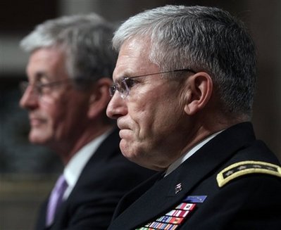 Army Chief of Staff Gen. George Casey, right, and Army Secretary John McHugh, testify on Capitol Hill in Washington, Tuesday, Feb. 23, 2010, before the the Senate Armed Services Committee. (AP Photo/Lauren Victoria Burke)