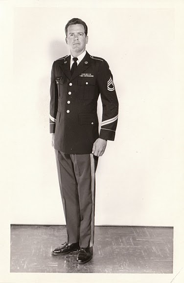 Here's dad in his Army Dress Blues, in what otherwise looks like an official promotion photo.  Adding to that impression is that he's sans moustache, which was extremely rare in those days.  Interestingly, he's wearing SFC stripes but sporting only two service stripes on his lower sleeve, meaning he had not yet reached his 9th year of service -- which he'd have done by July 1971. He must just have been promoted. 