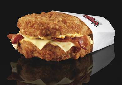KFC Double Down Sandwich KFC's Double Down is essentially a sandwich with two chicken filets taking the place of bread slices. In between are two pieces of bacon, melted slices of Monterey jack and pepper jack cheese and a zesty sauce. 