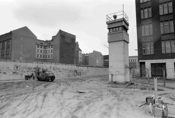 Combo photo of corner of Zimmerstrasse and Charlottenstrasse near the former Allied checkpoint Charlie in Berlin
