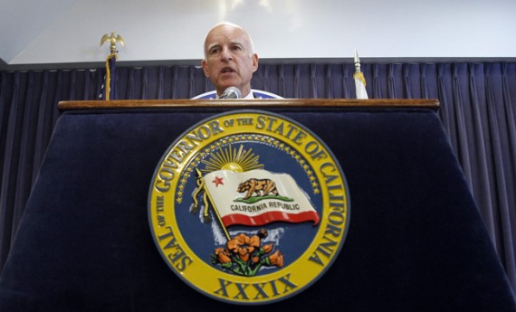 Brown speaks at a news conference to announce the Public Employee Pension Reform Act of 2012 at Ronald Reagan State Building in Los Angeles