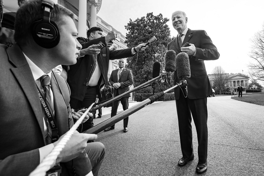 President Joe Biden talks to reporters before boarding Marine One on the South Lawn of the White House, Wednesday, March 23, 2022, for his trip to Europe.